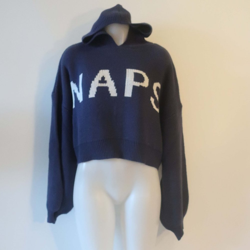 Womens Sunday Stevens Blue White Naps Boxy Knit Hoodie Cropped Sweater L*